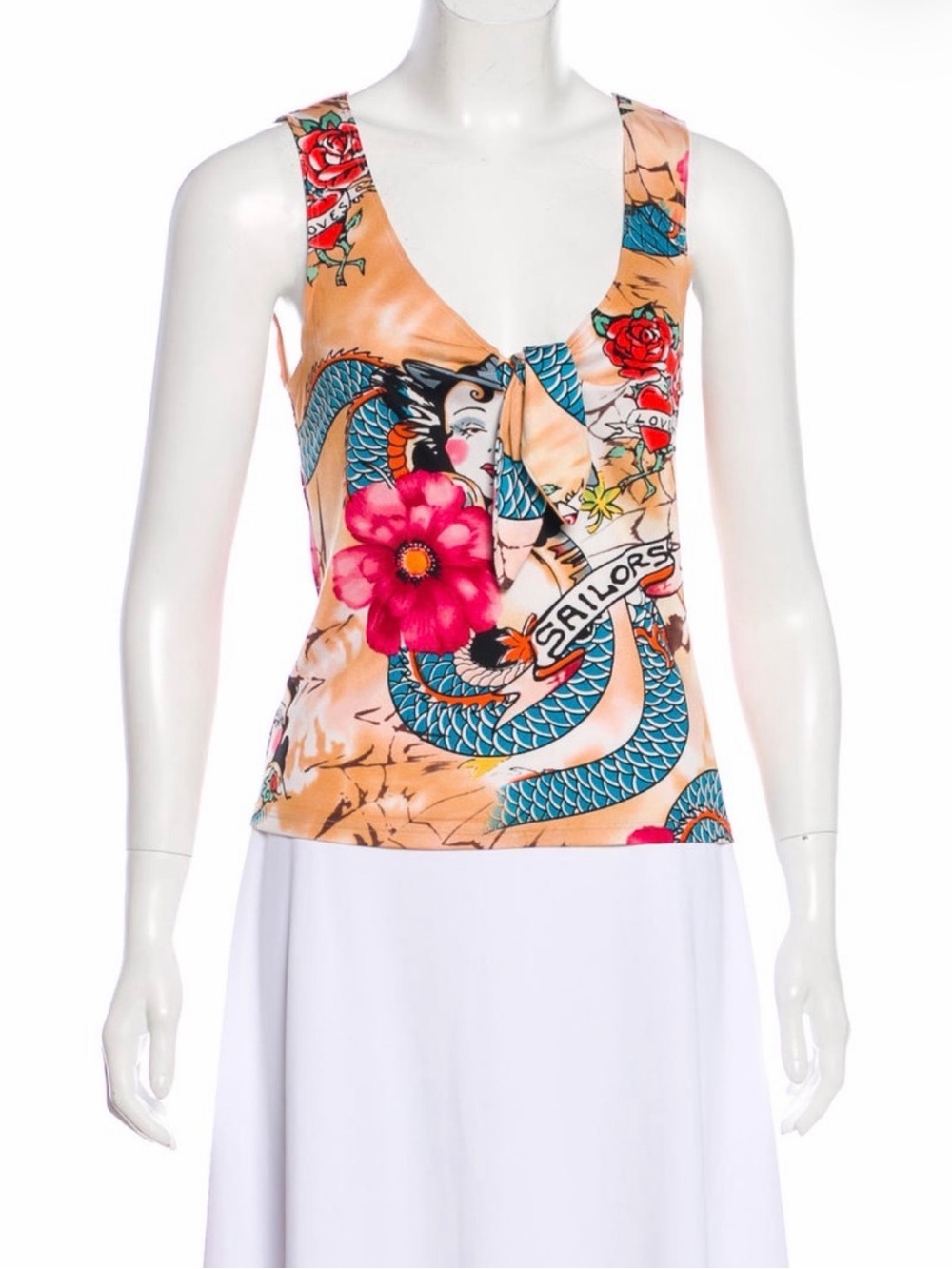 David Meister Peach Tattoo-Print V-Neck Camisole and Skirt  Teal and Pink M